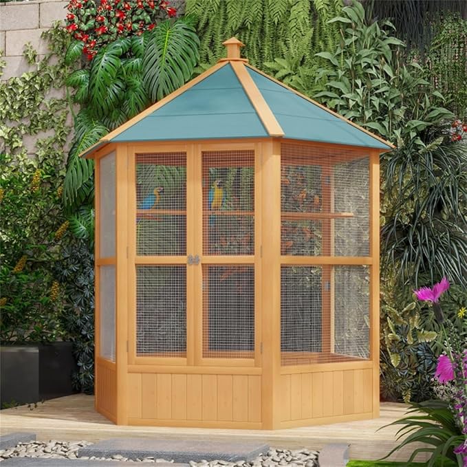 59" Large Wooden Hexagonal Outdoor Aviary Flight Bird Cage with Covered Roof, Green