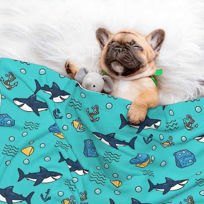 Reversible Plush Pet Blanket for Puppies Kittens, Cute Shark and Anchor, Double Sided Gentle Dot Texture for New Pets Adjusting to Home Environment Softly