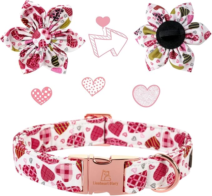Lionheart Glory Heart Dog Collar, Valentine's Day Dogs Collar with Flower, Cute Floral Pattern Pet Collars Adjustable Dog Collars for Small Dogs