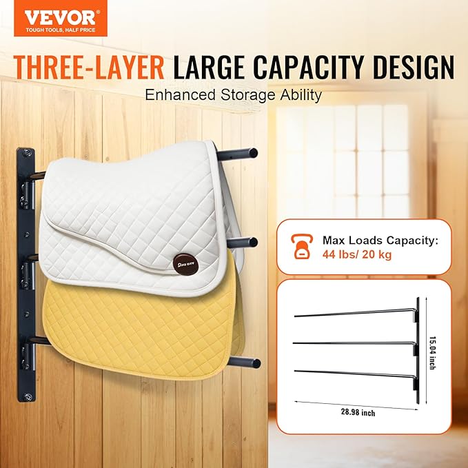VEVOR Wall Mounted Saddle Rack, 2 Packs Swing Out Saddle Holder, Three Tiers Horse Saddle Stand, Space Saving Horse Pad and Blanket Rack for Tack Room Organization, 29 x 15 x 1.2 in