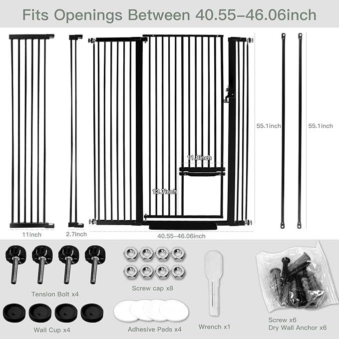55 Inch Extra Tall Pet Gate with Small Cat Door, 29.55"-46.06" Adjustable Wide Dog Gate, Tall Cats Gates for Doorway, Stairs, House(Black)