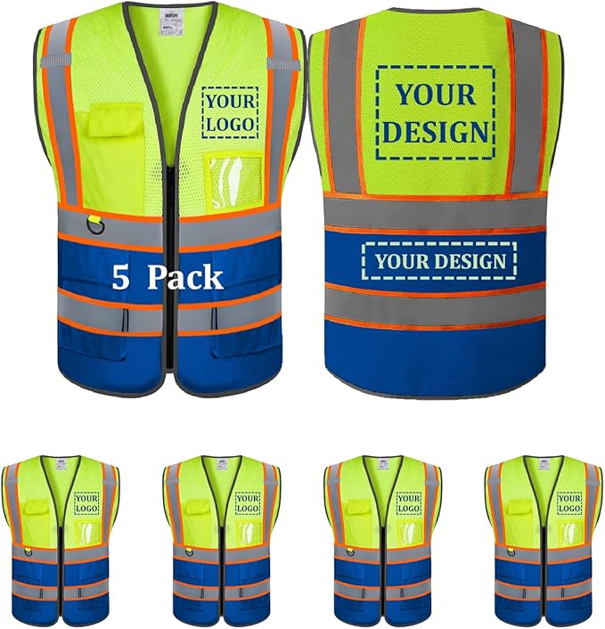 Custom Safety Vest Customized Logo Mesh Vest Class 2 High Visibility Reflective Vest with Pockets Blue workwear（Yellow Blue，M ）