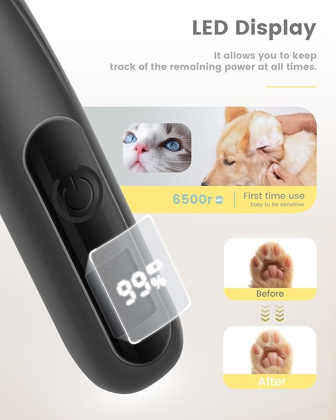Dog Clippers with LED Display,35dB Ultra-Low Noise Dog Paw Trimmer Shaver, Cordless Hair Trimmer with LED Light,Type-C Rechargeable Cat Clippers for Grooming Paws, Ears, Face, Rump