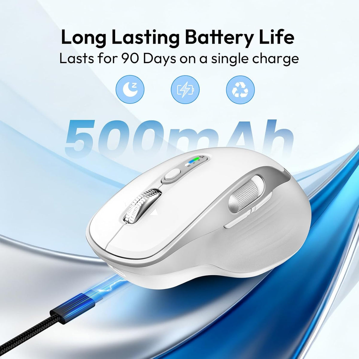 Rechargeable Wireless Mouse with Side Scroll Bluetooth Mouse -White