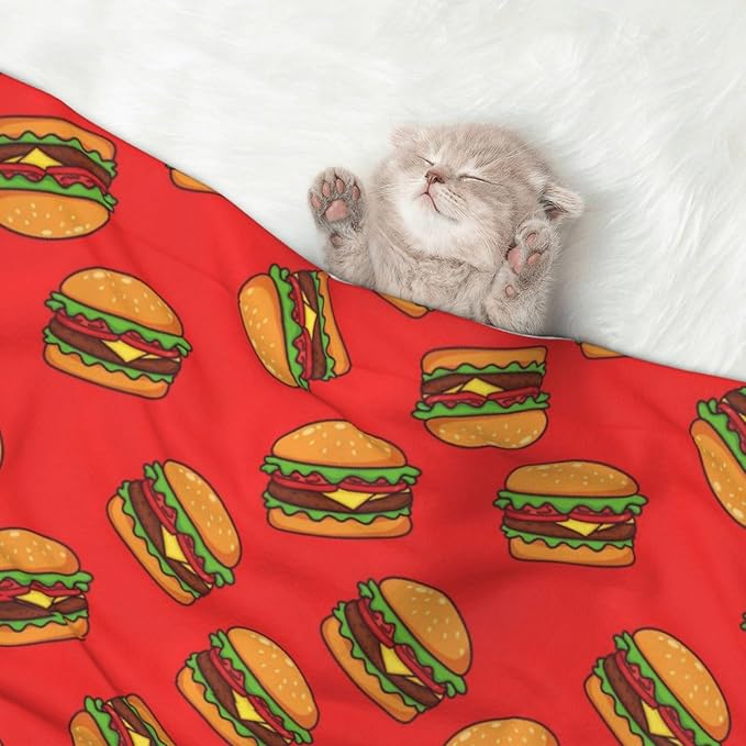 Double Sided Plush Pet Blanket with Cozy Dot Texture and Smooth Reverse, Burger Hamburger Pattern Red, Reversible Throw for Dogs Cats on Couches Beds Crates