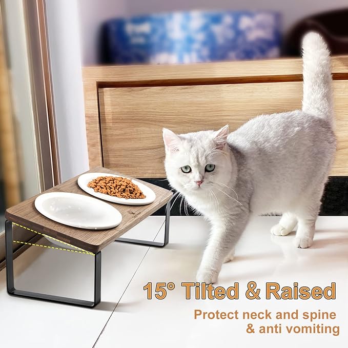 Sunhoo Elevated Cat Bowls for Indoor Cats Ceramic Kitty Dish Food Water Raised Tilted Puppy Feeding Sation with 4 Dishes Wooden Stand Pet Feeder Metal Legs Orthopedic ReducesVomiting（Brown）