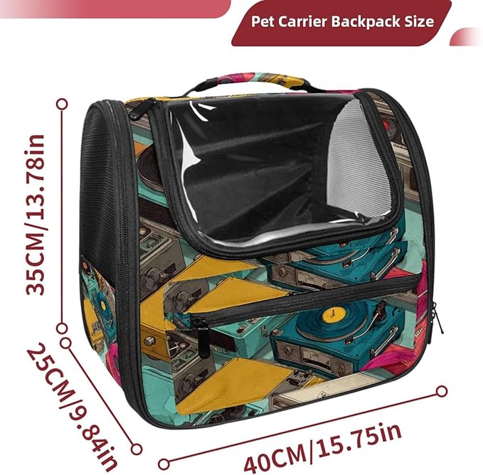 Color Record Player Pattern (2) Pet Cat Backpack Carrier for Kitty Small Dog, Ventilated Pet Carrier Bag for Car, Walking, Hiking, Outdoors