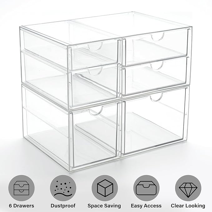 Prsildan Acrylic Drawer Makeup Organizer with 6 Drawers (Not for Baby Bottle), Set of 2 Office Desk Organizers Accessories, Clear Stackable Storage Drawers for Vanity, Craft (Largest Drawer 4" Tall)
