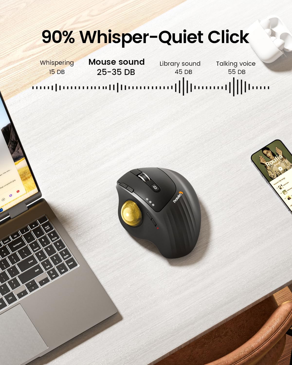 ProtoArc EM01 NL Wireless Trackball Mouse, Rechargeable Thumb Control, Gold