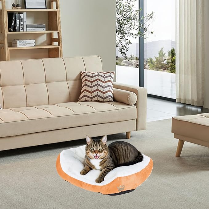 Round Dog Cat Beds Mattress Washable Pads Room, Soft Durable Plush Faux Fur Sleeping Pet Fleece Bed Mat for Small Doggy Kitten Puppy, with Anti-Slip Waterproof Bottom (Orange)