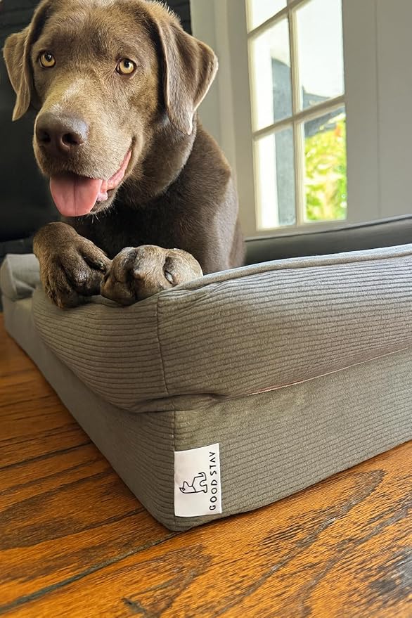 Gray Corduroy Orthopedic Dog Bed with Bolster – Memory Foam, Washable Removable Cover, Non-Slip Bottom (Medium)