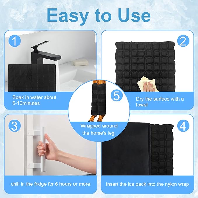 Horse Ice Boots 2-Pack with 64-Cell Ice Cells, Full-Leg Therapy Cooling Wraps for Injury Recovery & Competition Prep, Fits Hock, Knee, Ankle & Hooves