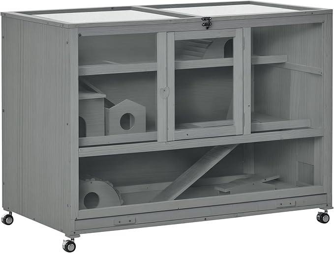 PawHut Wooden Large Hamster Cage with Seesaw and Wheels, Small Animal Cage and Habitat, 3-Tier Hamster Habitat with Ladder, Dark Grey