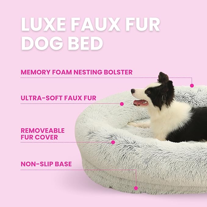 Glow Pups Calming Dog Bed, Egg Crate Dog Bed with Memory Foam Bolster, Luxurious Faux Fur Cozy Oval Design, Machine Washable Removable Cover, Non-Slip Base, Light Grey (23.6" x 19.6" x 7")