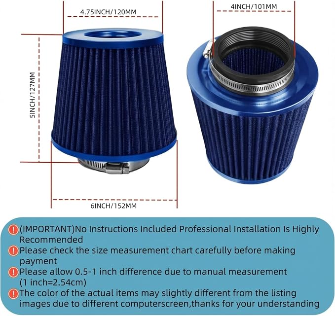 Universal Clamp-On Air Intake Filter, High Performance, Washable Filter