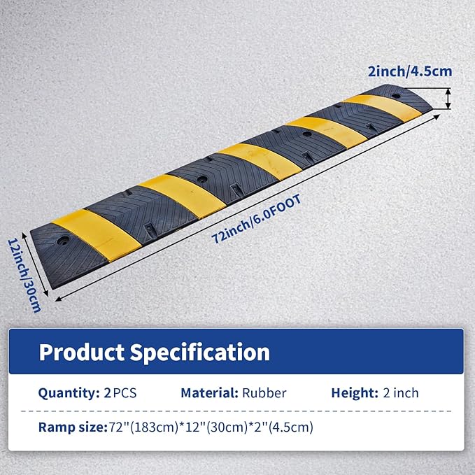 BESEA 6Feet Rubber Speed Bump, 72" x 12" x 2" Heavy Duty Speed Bump Cable Protector Ramp for Driveway, Road Parking, Garage, Parking Lot, Warehouse(2 Packs)