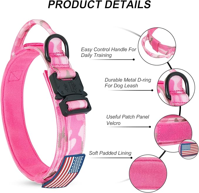 Hotsky Tactical Dog Collar and Leash Set, Heavy Duty Military Airtag Dog Collar with Handle and Metal Buckle for Training and Walking, with Airtag Holder and Two Patches (Pink Camo, L)