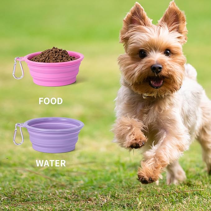 SLSON Collapsible Dog Bowl, 2Pack Macaron Color Pet Travel Bowls Silicone Foldable Water Feeder Dish for Small to Large Dogs Cat Walking Hiking Camping (Macaron Rose and Violet, Small)