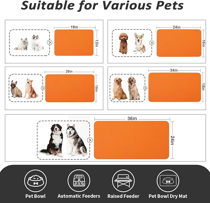 Dog Food Mat - Absorbent Cat Mat for Food and Water, No Stains Pet Feeding Bowl Mat, Easy to Clean Pet Placemats, Quick Dry Dog Water Dispenser Mat for Messy Drinkers | Orange 24"x36"