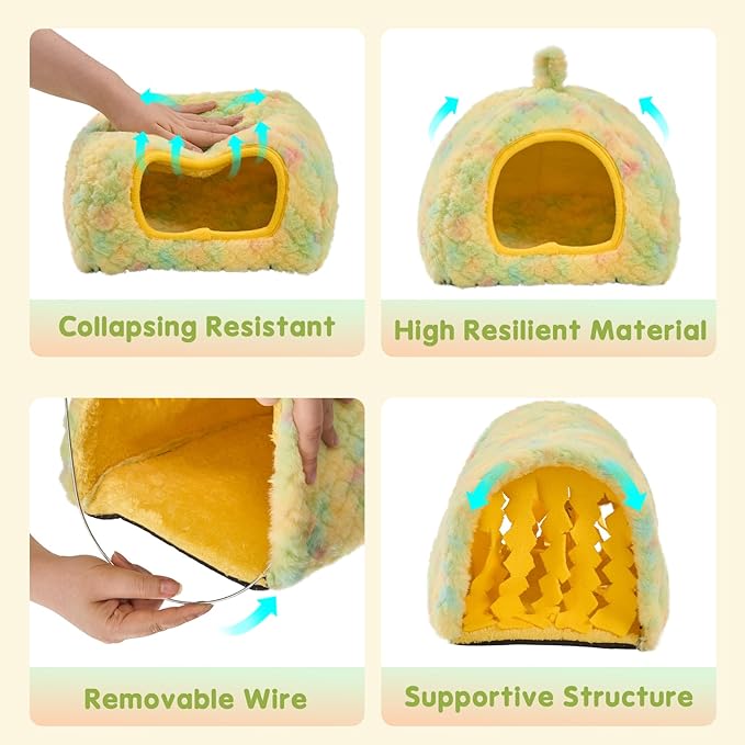 Avont 2 Pack Guinea Pig Hideout Bed and Tunnel Toys Set with Curtain, Washable Soft Plush Bunny Hideaway House Tube Cage Accessories for Small Animal Pet, Rabbits Chinchilla Hamster Ferret Rat -Yellow