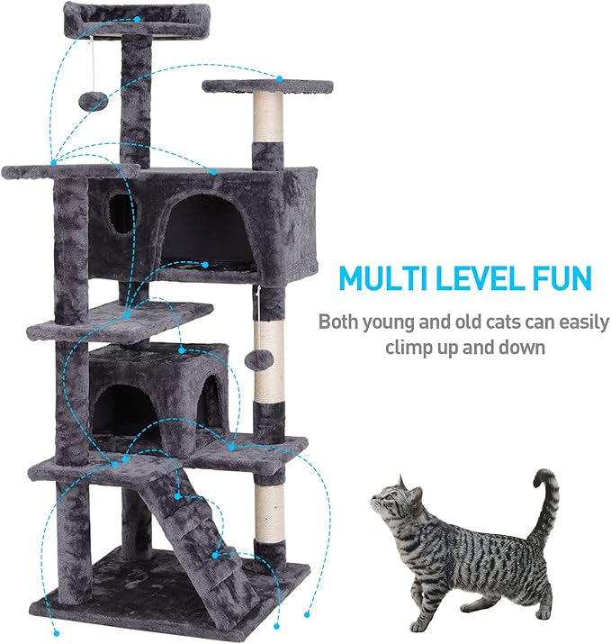 54-Inch Cat Tree for Large Cats, Sturdy Multi-Level Cat Tower with 2 Condos, Hanging Ball and Sisal Scratching Posts, Durable Cat Furniture for Indoor Cats (Dark Grey)