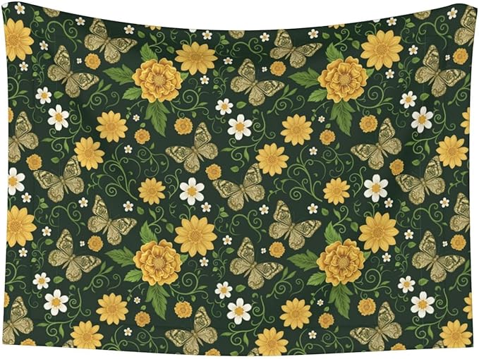 Double Sided Plush Pet Blanket for Small Large Animals, Gold Flowers with Butterfly, Reversible Throw with Dimpled Dot Side and Flat Side for Kennels Living Rooms