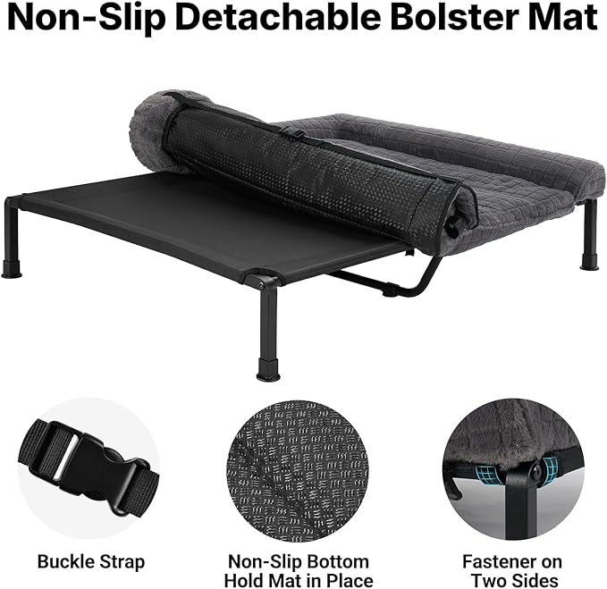 Veehoo Elevated Dog Bed Large Sized with Fluffy Plush Bolster Cushion, Washable Orthopedic Dog Couch Bed, Cooling Raised Pet Cot with Removable Mat, Breathable Mesh, No-Slip Feet, 53 x 37 inches, Grey