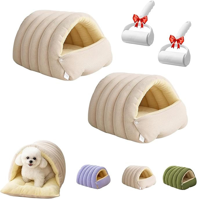 Removable and Washable Winter Closed-Off Cat Bed, Cat Winter Cave, Cute Cat Beds for Indoor Cats, Disassembled Design for Easier Cleaning, with Hair Remover (2PcsBeige, 22.4 * 14.6 * 11.0 in)