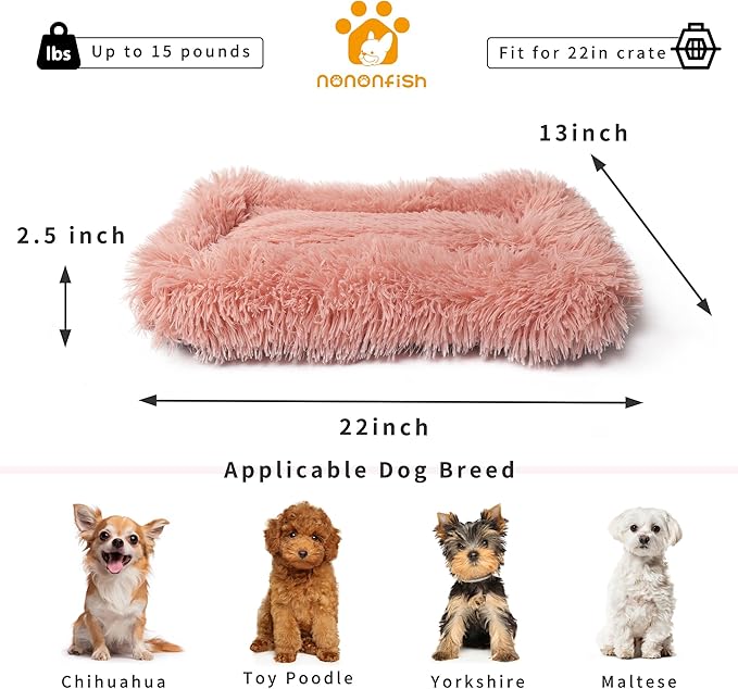 nononfish Dog Crate Bed for Small Dogs Washable Orthopedic Flat for Inside Crate Cages Kennel House Sofa Plush Comfy Sleeping Pink 22 in