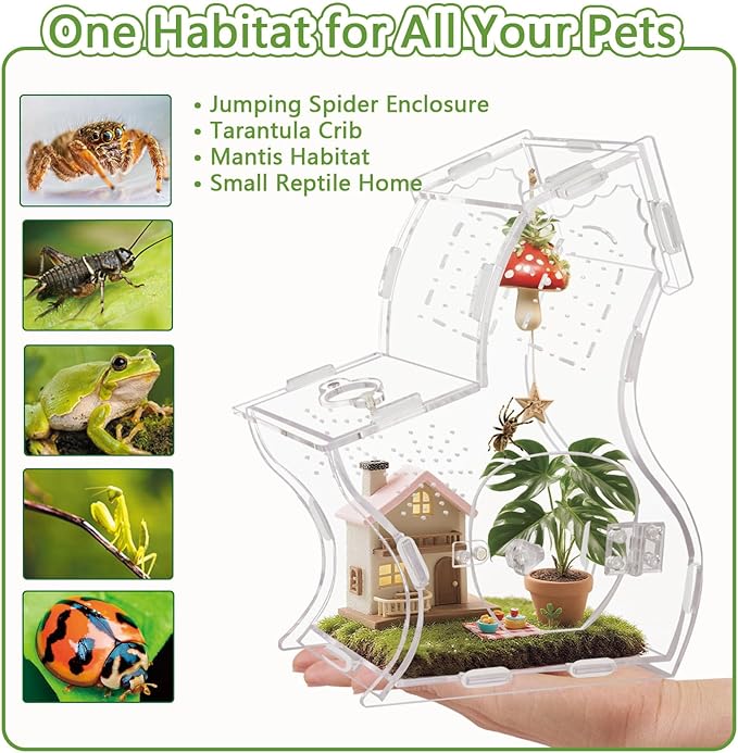 Premium 3mm Acrylic Terrarium for Jumping Spiders & Tarantulas | 5.9"x9.4"x3.5" Tall Arboreal Enclosure with Magnetic Doors & 1mm Micro-Vents | Escape-Proof Habitat for Mantis, Reptiles, Frogs