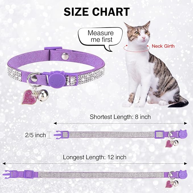Rhinestone Cat Collar Breakaway with Bell, Diamond Cat Collar with Safety Buckle Quick Release for Girl Boy Small Kitten Pets Puppy,Cute Soft Female Male Cat Collars, Color Purple 8-12"
