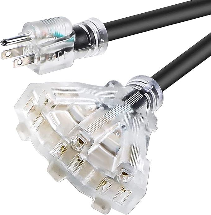 50 FT 12/3 Extension Cord Heavy Duty Black 3-Outlet Indoor/Outdoor SJTW Lighted 12-Gauge Grounded Power Cable,12AWG 15 Amp, 1875 Watts，UL Listed，Safety