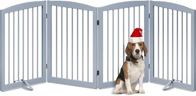 Freestanding Pet Gate for Dogs, Indoor Wooden Dog Gate for House, Foldable Dog Gate for Doorway, Stair, Gates for Dogs Indoor, 80 Inch Wide, 4 Panels 32", Grey