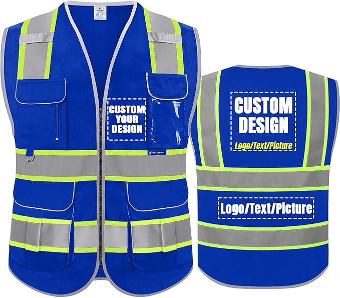 BeautyWill Custom Logo Safety Vest 8 Pockets Class2 ANSI Certified High Visibility Reflective Vest for Men - Personalized Logo Heavy-Duty Work Vest（Blue，XXL）
