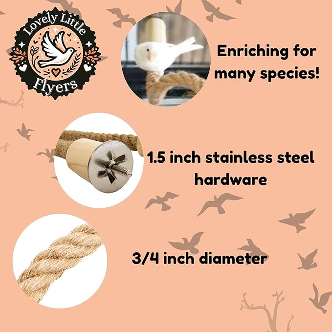 Bird Rope Perch for Parrots, Bendable Natural Jute Boing with Pine Wood and Stainless Steel Mount, Cotton Alternative, Cage Accessory for Parrots (Brown, 2 feet)