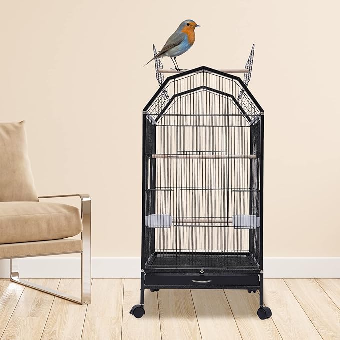 Large Bird Cage with Stand, “18 x 18 x 40” Black Metal Flight Bird Cage for Parrots, Cockatoos, Parakeets, and Small Birds, 5 Doors and Wheels, Includes Feeding Cups