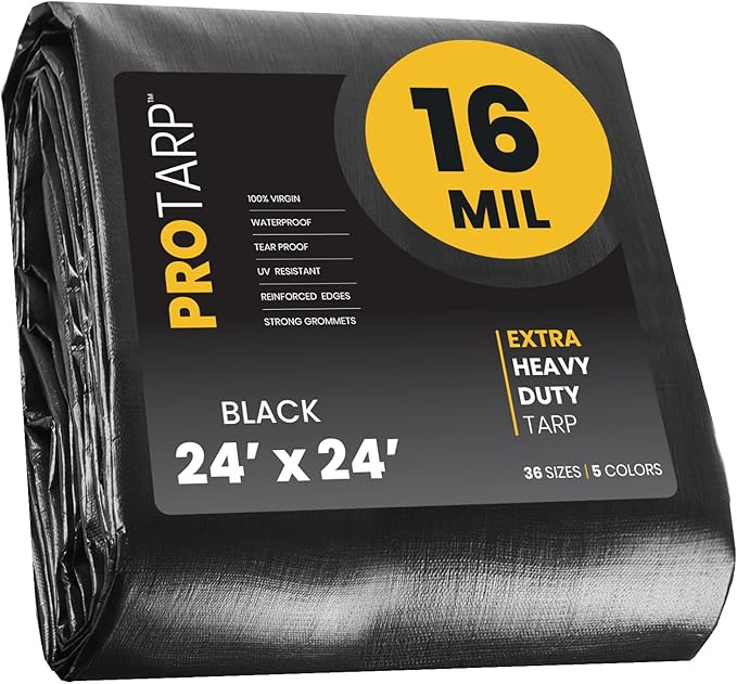 PROTARP Extra Heavy Duty 16 Mil Tarp Cover, Waterproof, UV Resistant, Rip and Tear Proof, Poly Tarpaulin with Reinforced Edges for Roof, Camping, Patio, Pool, Boat. (Black 24′ X 24′)