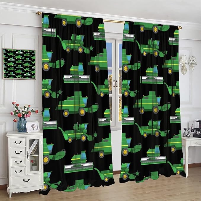 Kids Agriculture Machine Window Curtains, Farm Equipment Tractors Transport