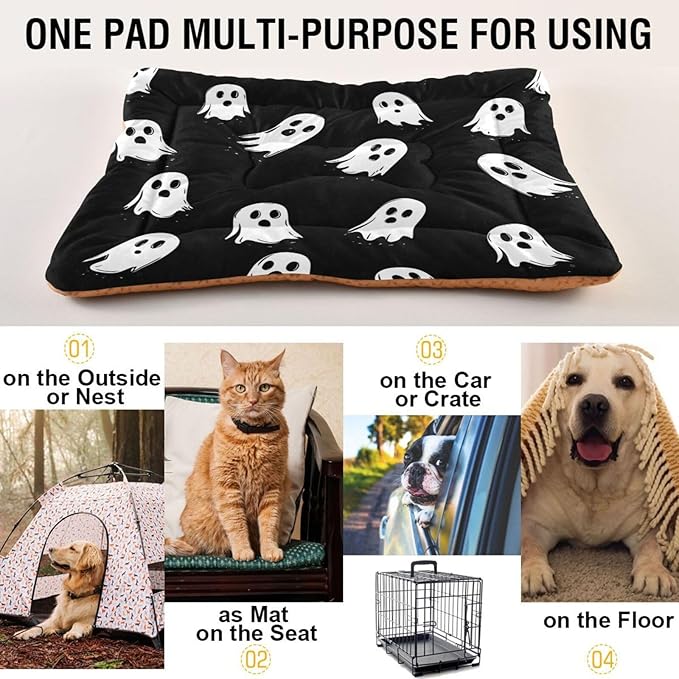 Halloween Dog Bed Mat - Ghost Spooky Comfortable Pet Kennel Washable Cat Crate Pad Sleeping Mattress for Large Medium Small Dogs - 36 x24 Inch