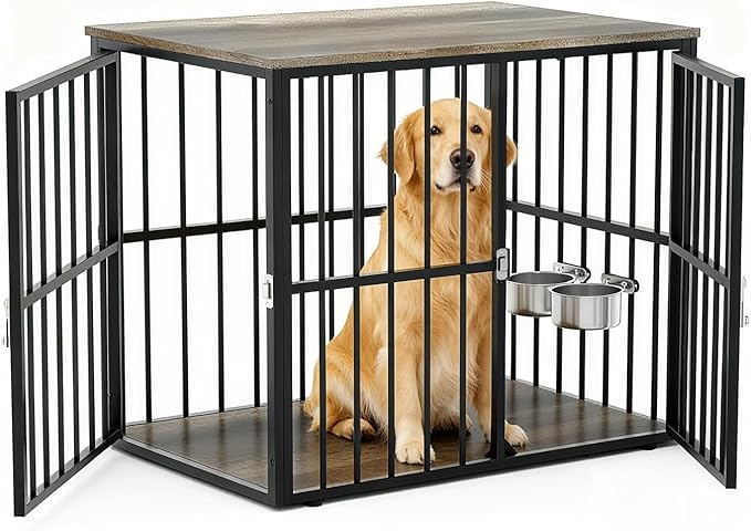 43 Inch Indoor Dog Crate End Table Furniture with Double Doors, Wooden Pet Cage Side Table, Heavy-Duty Dog Kennel for Medium and Large Breeds
