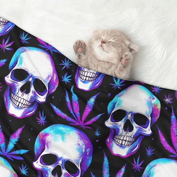Double Sided Pet Bed Blanket for Added Cushion Warmth, Blue Weedleaf Trippy Skull Crossbones Black, Reversible Cover with Textured Dot Surface for Existing Beds Standalone Mat