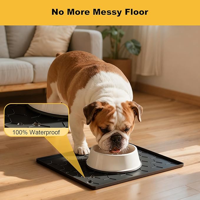 Pieviev 16''x12'' Dog Cat Food Bowl Mat, Silicone Waterproof Food Grade Pet Food Mat for Floor, High Raised Edge to Prevent Spills, Non-Slip & Easy Clean Pet Placemat for Dog & Cat Bowls, Black