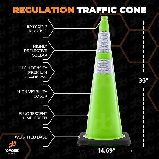 Xpose Safety 36” Lime Green Traffic Cone Dual 6" & 4" Reflective Collar – 24 Pack Multipurpose Premium PVC Safety Cone for Parking, Caution, Construction, Road Crews, Emergency Vehicle - DOT Approved