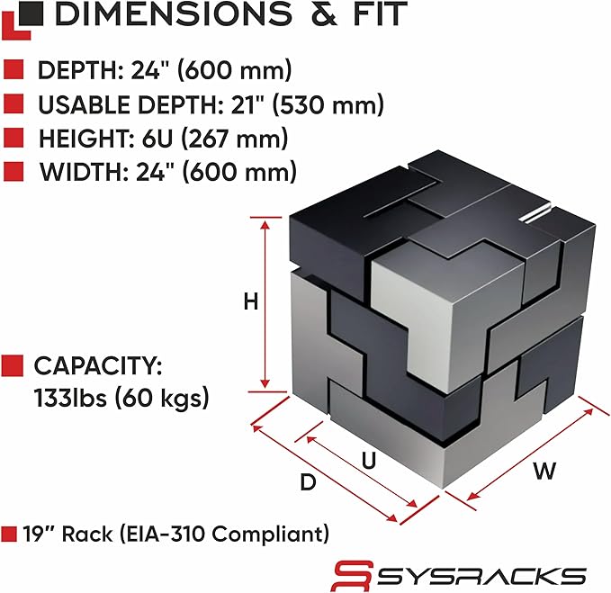 Sysracks 6U Wall Mount Server Rack Cabinet, 19” Locking Network Rack, 24” Deep