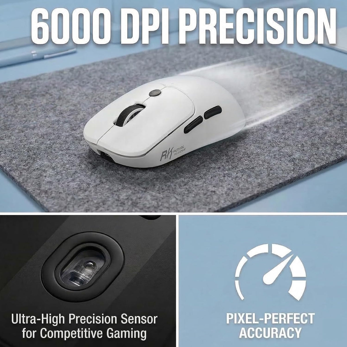 RK ROYAL KLUDGE MO1 Wireless Mouse, 55g Ultra-Lightweight Computer Mice, 6 Programmable Buttons, 2.4GHz/Bluetooth/Wired, 6000 DPI Optical Sensor, White