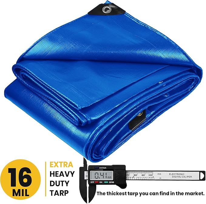 PROTARP Extra Heavy Duty 16 Mil Tarp Cover, Waterproof, UV Resistant, Rip and Tear Proof, Poly Tarpaulin with Reinforced Edges for Roof, Camping, Patio, Pool, Boat. (Blue 30′ X 30′)