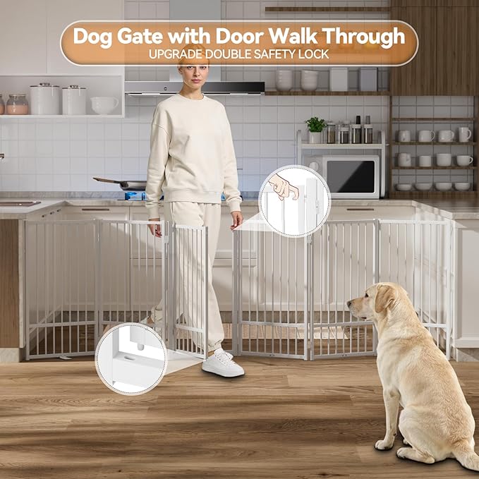 Full Metal Freestanding Dog Gate with Door, 36''Height Foldable Pet Dog Fence for Indoor & Outdoor, 6 Panels Extra Wide Free Standing TallDog Gates for Doorways,House,Stairs,Porch,Deck,Yard