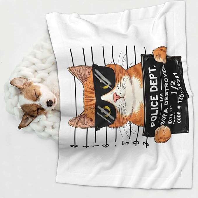 Cat Holding Mugshot Sign Print Soft Plush Pet Blanket, Washable Dog Blanket, Cat Fleece Throw, Puppy Bed Crate Mat & Sofa Couch Protector - Medium