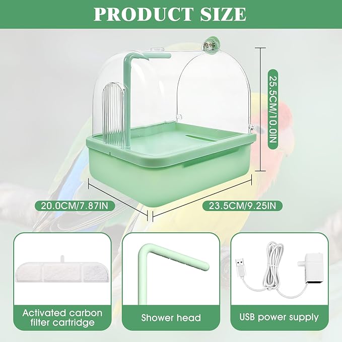 Pacify Automatic Bird Bath for Cage, Hanging Bird Shower with Pump, Circulating Water Indoor Parakeet Bathtub Bird Cage Accessory for Parrot, Parakeet, Cockatiel, Budgie, Conure, Lovebird