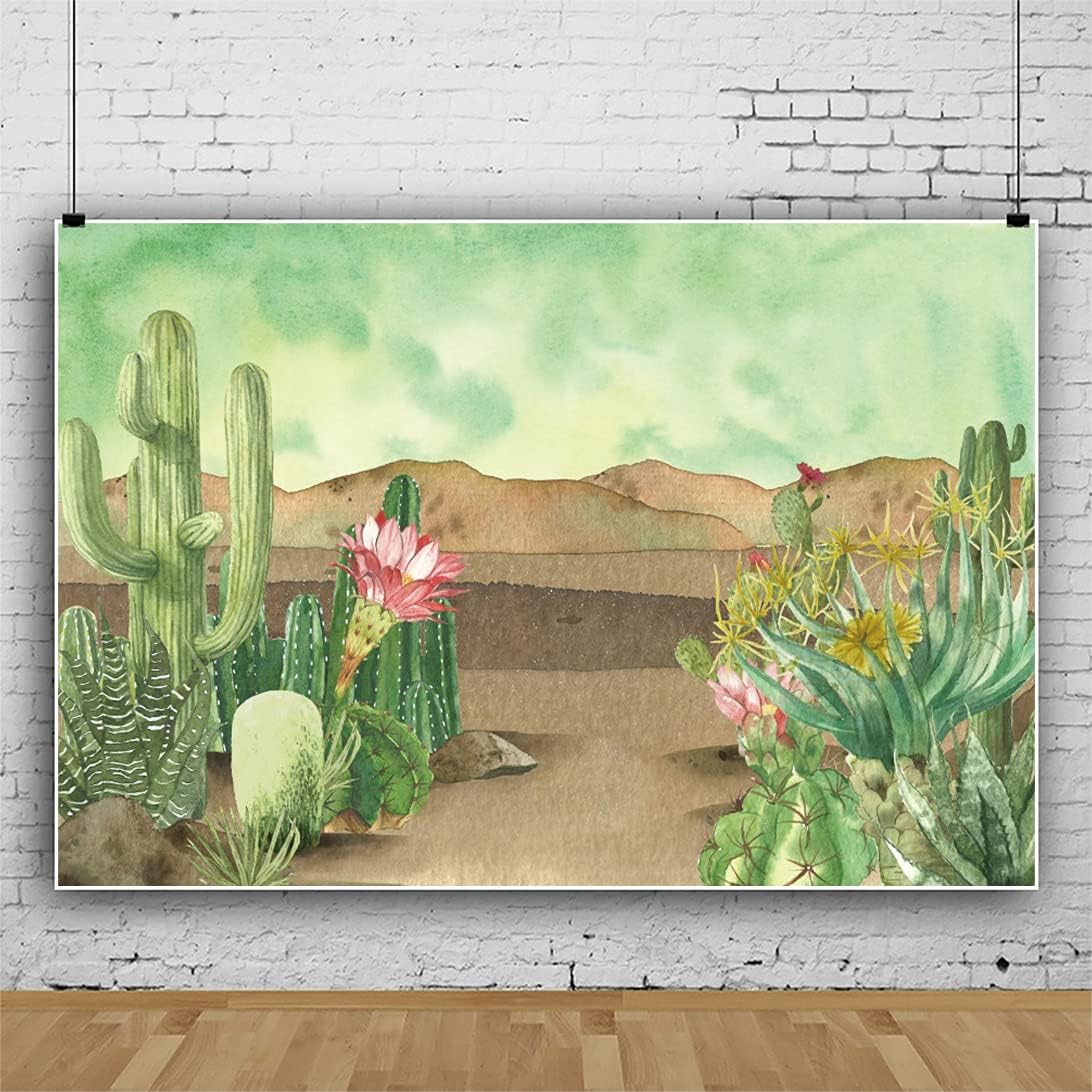 Renaiss 10x8ft Floral Cacti Backdrop Watercolor Aloes Cactus Flowers Desert Scenery Photography Background Botanical Mexican Fiesta Baby Shower Bridal Shower Birthday Party Decors Photo Studio Props